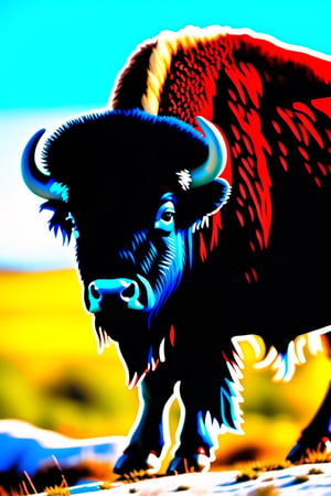 1 beautiful realistic charging  bison ,solo, strong, shaggy hair, bokeh, depth of field, cinematic, in red, white, blue and black