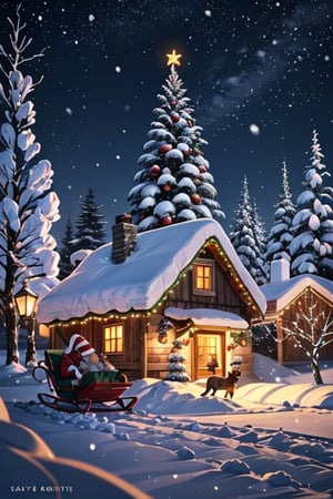  serene winter scene unfolds on the Christmas card, with delicate snowflakes drifting from a midnight sky. A cozy, snow-covered cottage nestles among frosted pine trees, adorned with twinkling lights that cast a warm glow. In the foreground Santa's reindeer and sled,  The card's muted colors evoke a peaceful ambiance, capturing the magic of a tranquil holiday evening.