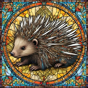 Porcupine, cute, adorable, vintage, art on a cracked paper, fairytale, patchwork, stained glass, storybook detailed illustration, cinematic, ultra highly detailed, tiny details, beautiful details, mystical, luminism, vibrant colors, complex background