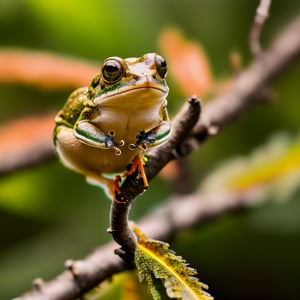 (best quality, 8K, ultra-detailed, masterpiece), (macro photography, close-up shot), Capture the beauty of nature in an 8K masterpiece. Focus on a mesmerizing close-up shot of a frog perched delicately on a tree branch. Use the magic of macro photography to reveal intricate details in the bird's feathers, its eyes, and the texture of the branch. This image should transport the viewer into the world of the tiny, creating a stunning and ultra-detailed portrayal of this delicate moment in nature.