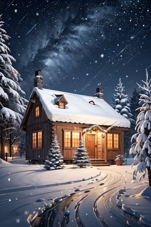 serene winter scene unfolds on the Christmas card, with delicate snowflakes drifting from a midnight sky. A cozy, snow-covered cottage nestles among frosted pine trees, adorned with twinkling lights that cast a warm glow.  The card's muted colors evoke a peaceful ambiance, capturing the magic of a tranquil holiday evening.,salttech