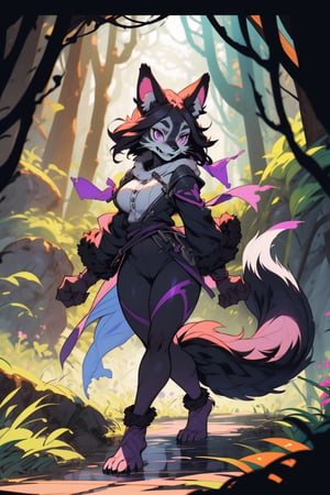 fox girl, black hair, big, ((furry)), black fur, purple markings, ((tall)), fluffy tail, ((thick thighs)), outside, forest, purple eyes, black fox ears, wide hips, mature, anthro fox, fur on body, furry, full body, mature, tall, purple fur  underbelly, happy, (masterpiece:1.2), best quality, high resolution, unity 8k wallpaper, (illustration:0.8),  extremely detailed face, perfect lighting, extremely detailed CG, (perfect hands, perfect anatomy),FurryCore,nj5furry