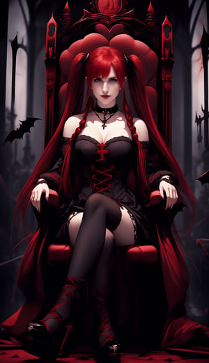 perfecteyes, emo hair, emo style, dark, castle, HW2, red_hair, vampire, temple,1 girl, halloween,High detailed, twin_tails, twilight, lumina, Sitting cross-legged on a throne, spooky, high_heels