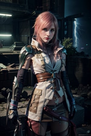 (8k, RAW photo, photorealistic:1.25), ( lipgloss, eyelashes, gloss-face, glossy skin, best quality, ultra highres, depth of field, chromatic aberration, caustics, Broad lighting, natural shading, cowboy shot, solo, 1girl, lightning farron, expressionless, closed mouth, sleeveless, shoulder armor, cape, skirt, gloves, green eyes, hayley williams, america girls, Thin eyebrows, Stressed face, pink_hair, Lightning hair, action poses, full_body, Final Fantasy XIII, Lightning Gunblade, NO_HUMANS RUINS SPACE GLOWING TANABATA T, perfecteyes, lightning farron, ff8bg, effect perfect, fighters