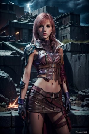 (8k, RAW photo, photorealistic:1.25), ( lipgloss, eyelashes, gloss-face, glossy skin, best quality, ultra highres, depth of field, chromatic aberration, caustics, Broad lighting, natural shading, cowboy shot, solo, 1girl, lightning farron, expressionless, closed mouth, sleeveless, shoulder armor, cape, skirt, gloves, green eyes, hayley williams, america girls, Thin eyebrows, Stressed face, pink_hair, Lightning hair, action poses, full_body, Final Fantasy XIII, Lightning Gunblade, NO_HUMANS RUINS SPACE GLOWING TANABATA T, perfecteyes, lightning farron, ff8bg, effect perfect, fighters, attack