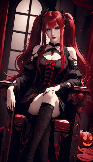 perfecteyes, emo hair, emo style, dark, castle, HW2, red_hair, vampire, temple,1 girl, halloween,High detailed, twin_tails, twilight, lumina, Sitting cross-legged on a throne