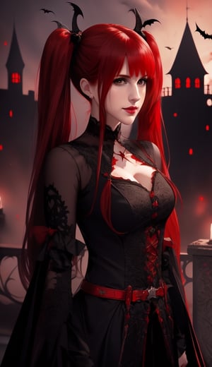 perfecteyes, emo hair, emo style, half body, dark, castle, HW2, red_hair, vampire, temple,1 girl, halloween,High detailed, vampire twilight,SAM YANG, twin_tails