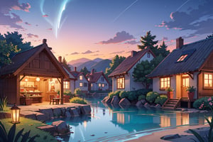 "An enchanting artistic rendition of a petite traditional village by the sea, set against the backdrop of a resplendent sunset. The elements, including the charming store, meandering footpaths, and the gentle brook, are portrayed in a stylized, CG format, reminiscent of a fairy tale. The sea glimmers with a myriad of colors, reflecting the fading hues of twilight. The beach is adorned with intricate food art, adding a whimsical touch. Above, the night sky twinkles with stars, creating a dreamlike atmosphere."
((No_human))
