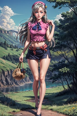 Style: Anime, with bright colors and defined lines. Size: 1792 x 1024 pixels, in horizontal format. Background: A landscape of a green forest with flowers and butterflies, with a blue sky and white clouds. Pose: Elizabeth is standing in the center of the image, looking forward with a big smile. She has one hand on her chest and the other extended towards the viewer, as if she wanted to invite him to join her. Face: She has a beautiful and delicate face, with pink lips and a soft smile. Her left eye is blue and her right eye is green, with a fringe that covers part of her forehead. She has thin eyebrows and long and curved eyelashes. Hair: She has silver and long hair, that reaches her waist. She wears it loose, with some waves and highlights. She has two gold earrings with a turquoise blue drop-shaped stone, that have the royal symbol of Liones. Body: She has a slender and feminine figure, with soft and proportionate curves. She has clear and smooth skin, without scars or marks. Clothes: She wears the waitress uniform of the Boar Hat, which consists of a short light purple blouse with a high collar and six buttons on the chest, a dark blue miniskirt with a brown belt, a long sock on the left leg, a blue bow on the neck and shoes of different colors, one black and one white. The clothes fit her snugly but not tightly, highlighting her silhouette.