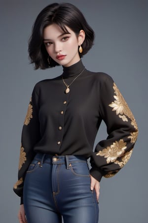 1girl, looking at viewer, short hair, simple background, collarbone, denim, shirt, jewelry, black hair, pants, earrings, open clothes, lips, solo, black shirt, jacket, ((Golden ornaments)) 
