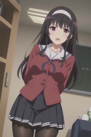 best quality, masterpiece, ph utaha, 1girl, from below,upskirt,low angle,long hair, solo, blue school uniform, hairband, black hair, skirt, black pantyhose, red eyes, frown,anger,shame, open mouth,  arms behind back, pleated skirt, black serafuku, bangs, book, breasts, blush, long sleeves 