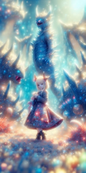 Anime, colourfull, ((Adorable girl surrounded by fashionable cute monsters:1.5)), cartoon, Light explosion, ,creative , Anime Art, intricate details, detailed, high res,((Kaiju:1.3))