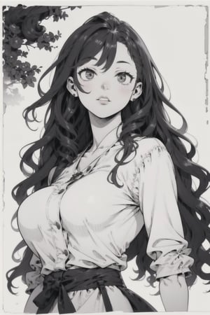 1girl, relaxed, long hair, dark hair, (curly hair:1.2), (masterpiece, best quality:1.2), greyscale, rimlight, midjourney, (monochrome:1.2), greyscale monochrome boichi manga style