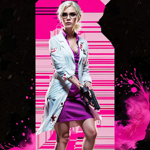 a woman dressed as a nurse holding a gun, official splash art, entity, mcgill, necromunda, dna experiment, mafia, magenta, medical reference, professional background, very bloody, delirium, female sheriff, she looks like a mix of grimes, 29 - year - old, izombie, vargas