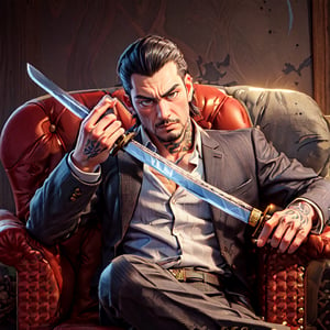 a man sitting in a chair holding a knife, a character portrait, trending on Artstation, shin hanga, gold sword, yakuza, 4k hd artwork, range murata and artgerm