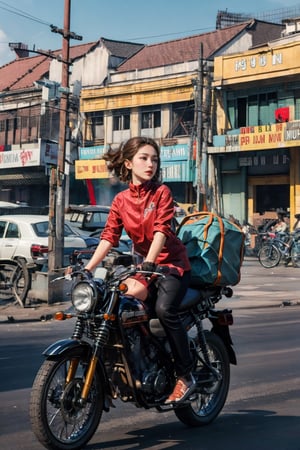 absurdres, highres, ultra detailed, (1girl:1.3), BREAK ,moter bike suit, motor,bike,saigon