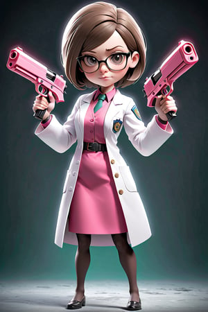 a woman in a suit and glasses holding a gun, left 4 dead, official character art, wearing lab coat and a blouse, hybrid of pig and nyc policeman, attractive brown hair woman, she is about 4 0 years old, syndicate corporation, pink dress, fetus, female thief, gorgeous female alison brie