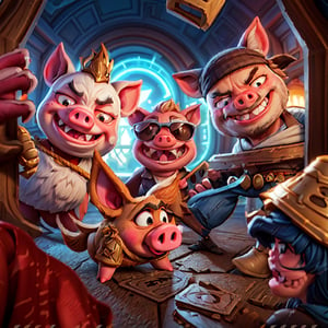 a group of cartoon pigs standing next to each other, Artstation, sots art, epic portrait illustration, criminals, hearthstone style, all teeth