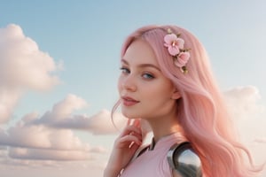 A girl in a scifi armor and a dreamy, pink-hued world with clouds, her hair glowing softly. A serene sky with light pink clouds, capturing a sunset atmosphere.Emulating Bearbrickjia's dreamy and ethereal artistic vibe. Hair that radiates a gentle, warm pink glow, adorned with beautiful flowers.