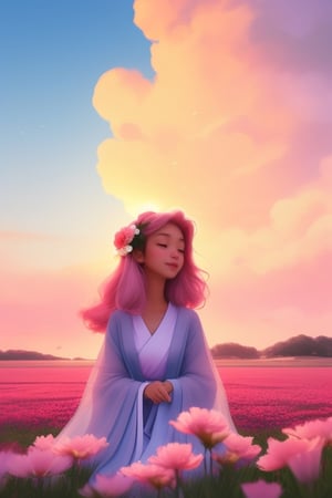 A girl in a dreamy, pink-hued world with clouds, her hair glowing softly. A serene sky with light pink clouds, capturing a sunset atmosphere.Emulating Bearbrickjia's dreamy and ethereal artistic vibe. Hair that radiates a gentle, warm pink glow, adorned with beautiful flowers.,SAM YANG