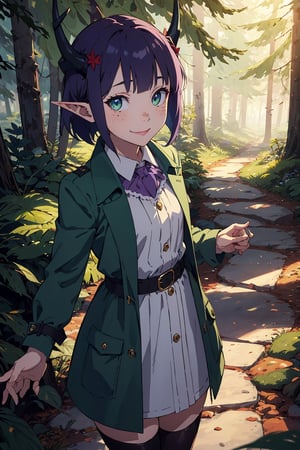 Imagine a female child with short messy vibrant purple hair in a short hair cut. She has small breasts. She has bright green eyes. She has pointed elf ears. She has two short horns on her head. She has an evil smile on her face that shows she's up to no good. She has warm freckles on her face. She wears a modest outfit with a long green trench coat with lots of pockets. She is practicing magic that sparkles around her. The background is a charming forest path in the enchanted woods with bright lighting, creating a magical ambiance. This artwork captures the essence of mischief and magic against the backdrop of a beautiful setting. detailed, detail_eyes, detailed_hair, detailed_scenario, detailed_hands, detailed_background, vox machina style,vox machina style,oil impasto, flat chest.,Kanna Kamui 