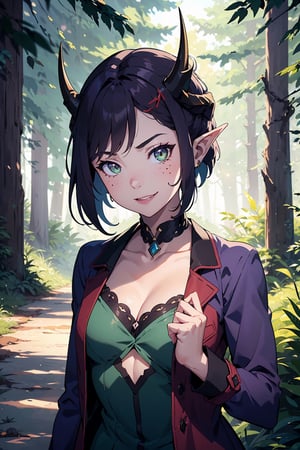 Imagine a female child with short messy bright purple hair in a pixie cut. She has small breasts. Her eyes are a bright shade of green, sparkling with intricate detail and a hit on magic. She has pointed elf ears. She has two short horns on her head. She has an evil smile on her face that shows she's up to no good. She has warm freckles on her face. She wears a long green trench coat with lots of pockets. She is practicing magic that sparkles around her. The background is a charming forest path in the enchanted woods with bright lighting, creating a magical ambiance. This artwork captures the essence of mischief and magic against the backdrop of a beautiful setting. detailed, detail_eyes, detailed_hair, detailed_scenario, detailed_hands, detailed_background, vox machina style,vox machina style,