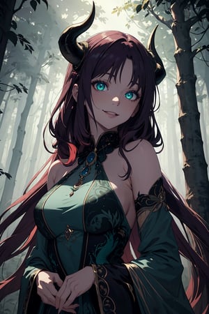 Imagine a beautiful woman with long and wild dark purple hair hair flowing freely around her. She has horns. Her dragon eyes are bright green, sparkling with intricate detail. She smiles like she is scheming something. She wears a gorgeous dress with a fine touch and she wears fine jewelery. The background is a creepy forest with dim lighting, creating an ominous ambiance. She is surrounded by sparking magic. This artwork captures a creepy atmosphere against the backdrop of a beautiful yet dimly lit setting, detailed, detail_eyes, detailed_hair, detailed_scenario, detailed_hands, detailed_background. girl, fine clothing, nilou horns, ,niloudef,Dreamwave