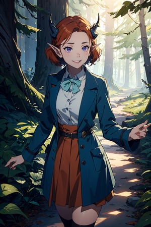 Imagine a female child with short fluffy and messy curly bright orange hair. Her eyes are a bright shade of green, sparkling with intricate detail and a hit on magic. She has pointed elf ears. She has two short horns on her head. She has an evil smile on her face that shows she's up to no good. She has warm freckles on her face. She wears a white button up long sleeve top and a long purple skirt and long green trench coat with lots of pockets. She is practicing magic that sparkles around her. The background is a charming forest path in the enchanted woods with bright lighting, creating a magical ambiance. This artwork captures the essence of mischief and magic against the backdrop of a beautiful setting. detailed, detail_eyes, detailed_hair, detailed_scenario, detailed_hands, detailed_background,FFIXBG, fantasy.,Tex Mex Burrito Style,aka shiba,yoshida akihiko,MOLESTATION,SAM YANG,vox machina style,niloudef,monadef,KurashimaChiyuri, flat chest, short hair,Circle