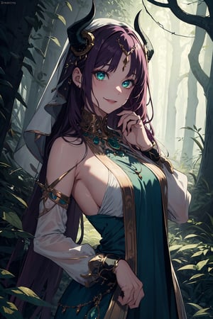 Imagine a beautiful woman with long and wild dark purple hair hair flowing freely around her. She has horns. Her dragon eyes are bright green, sparkling with intricate detail. She smiles like she is scheming something. She wears a gorgeous dress with a fine touch and she wears fine jewelery. The background is a creepy forest with dim lighting, creating an ominous ambiance. She is surrounded by sparking magic. This artwork captures a creepy atmosphere against the backdrop of a beautiful yet dimly lit setting, detailed, detail_eyes, detailed_hair, detailed_scenario, detailed_hands, detailed_background. girl, fine clothing, nilou horns, ,niloudef