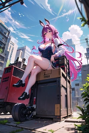A bunny girl with pink hair and supple tanned skin wipes the sweat from her brow. Her uniform, a set of overalls shorts and a low necked button up work shirt that shows the cleavage of her large breasts, in perfect condition. Her thighs glisten with sweat and her fluffy rabbit ears remain upright at attention for anyone who may be in danger of being hit by her forklift. She rides a yellow forklift carrying a pallete of large boxes. Her muscular, toned arms glimmer with sweat as she sighs. All in a days work for a working bunny girl. full forklift.,long hair,euphemia li britannia, green eyes,amidef