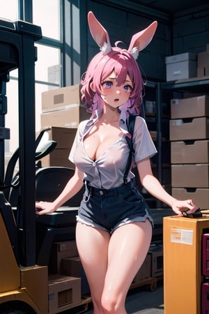 A bunny girl with pink hair and supple tanned skin wipes the sweat from her brow. Her uniform, a set of overalls shorts and a low necked button up work shirt that shows the cleavage of her large breasts, in perfect condition. Her thighs glisten with sweat and her fluffy rabbit ears remain upright at attention for anyone who may be in danger of being hit by her forklift. She rides a yellow forklift carrying a pallete of large boxes. Her muscular, toned arms glimmer with sweat as she sighs. All in a days work for a working bunny girl. full forklift in view. wearing workboots.