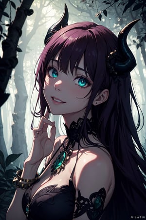 Imagine a beautiful woman with long and wild dark purple hair hair flowing freely around her. She has horns. Her dragon eyes are bright green, sparkling with intricate detail. She smiles like she is scheming something. She wears a gorgeous dress with a fine touch and she wears fine jewelery. The background is a creepy forest with dim lighting, creating an ominous ambiance. She is surrounded by sparking magic. This artwork captures a creepy atmosphere against the backdrop of a beautiful yet dimly lit setting, detailed, detail_eyes, detailed_hair, detailed_scenario, detailed_hands, detailed_background. girl, fine clothing, nilou horns, 