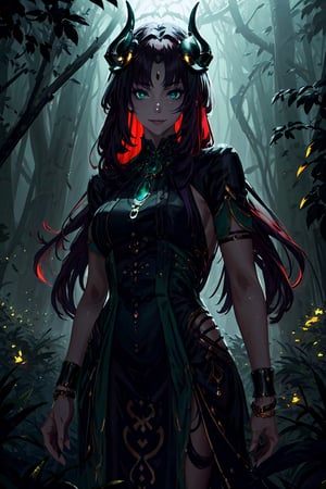 Imagine a beautiful woman with long and wild dark purple hair hair flowing freely around her. She has horns. Her dragon eyes are bright green, sparkling with intricate detail. She smiles like she is scheming something. She wears a gorgeous dress with a fine touch and she wears fine jewelery. The background is a creepy forest with dim lighting, creating an ominous ambiance. She is surrounded by sparking magic. This artwork captures a creepy atmosphere against the backdrop of a beautiful yet dimly lit setting, detailed, detail_eyes, detailed_hair, detailed_scenario, detailed_hands, detailed_background. girl, fine clothing, ,nilou \(genshin impact\)