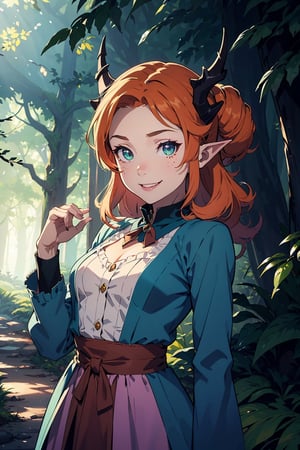 Imagine a female child with short fluffy and messy curly bright orange hair that hangs free. She has small breasts and is a lolita. Her eyes are a bright shade of green, sparkling with intricate detail and a hit on magic. She has pointed elf ears. She has two short horns on her head. She has an evil smile on her face that shows she's up to no good. She has warm freckles on her face. She wears a white button up long sleeve top and a long purple skirt and long green trench coat with lots of pockets. She is practicing magic that sparkles around her. The background is a charming forest path in the enchanted woods with bright lighting, creating a magical ambiance. This artwork captures the essence of mischief and magic against the backdrop of a beautiful setting. detailed, detail_eyes, detailed_hair, detailed_scenario, detailed_hands, detailed_background, vox machina style,vox machina style,fantai12