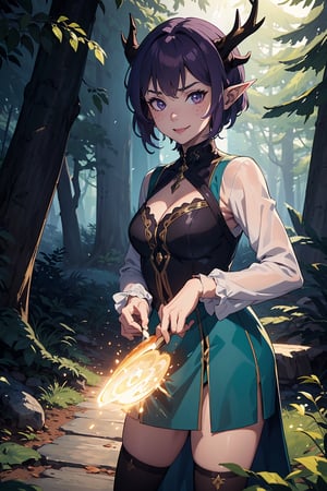 Imagine a female child with short messy bright purple hair in a pixie cut. She has small breasts. Her eyes are a bright shade of green, sparkling with intricate detail and a hit on magic. She has pointed elf ears. She has two short horns on her head. She has an evil smile on her face that shows she's up to no good. She has warm freckles on her face. She wears a long green trench coat with lots of pockets. She is practicing magic that sparkles around her. The background is a charming forest path in the enchanted woods with bright lighting, creating a magical ambiance. This artwork captures the essence of mischief and magic against the backdrop of a beautiful setting. detailed, detail_eyes, detailed_hair, detailed_scenario, detailed_hands, detailed_background, vox machina style,vox machina style,