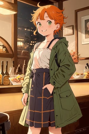Imagine an adorable girl with wild and messy short curly orange hair. Her eyes are a vivid shade of green, sparkling with intricate detail. She has a mischivious smile on her face. She has a warm, tanned complexion that adds to her charm. She wears a white linnen long sleeve top and a long purptle skirt with a cute touch. She wears a long green coat with lots of pockets.
The background is a charming bar scene with dim lighting, creating a cozy ambiance. This artwork captures the essence of innocence and cuteness against the backdrop of a beautiful yet dimly lit setting, detailed, detail_eyes, detailed_hair, detailed_scenario, detailed_hands, detailed_background.