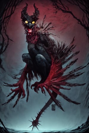 Owl demon, owl, monster, open mouth, toothy maw, toothed beak, devil, final boss, detailed teeth, claws, detailed eyes, demon lord, lord of darkness, yellow eyes, sitting on dead tree.