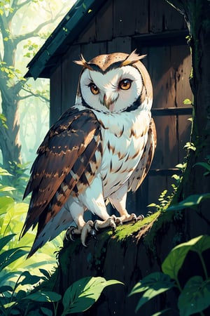 black Barn owl, one subject, magical forest,