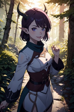 Imagine a female child with short messy vibrant purple hair in a short hair cut. She has small breasts. Her eyes are a bright green, sparkling a hit on magic. She has pointed elf ears. She has two short horns on her head. She has an evil smile on her face that shows she's up to no good. She has warm freckles on her face. She wears a modest outfit with a long green trench coat with lots of pockets. She is practicing magic that sparkles around her. The background is a charming forest path in the enchanted woods with bright lighting, creating a magical ambiance. This artwork captures the essence of mischief and magic against the backdrop of a beautiful setting. detailed, detail_eyes, detailed_hair, detailed_scenario, detailed_hands, detailed_background, vox machina style,vox machina style,Hana1,oha style,paimondef,cuteloli
