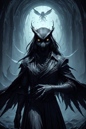 Alquam, the Silent Black, Eyes in the Night, the Dark Hunter, is the demon lord of night and the creatures that prowl it. He has a particular affinity for owls; the stryx and owl harpies are both offshoots of his influence. Any shadow or dark corner at night might carry whispers to his ears. Alquam delights in music, though his favorite songs are said to grate mortal sanity to shreds. His huffed breath reeks of carrion.

Alquam is composed mostly of darkness, with some features of a monstrous owl. He stands over 15 feet tall, and dark gray feathers with lighter speckles and bands cover his body. His head is that of a great owl with back-swept horns and massive, bulbous eyes that gleam yellow. His body is thin and such a deep black that it drinks in light. His feathery wings are long enough to wrap around his whole body.

Alquam's lair is an immense tree in the center of a lightless layer of the Abyss. The tree is an ancient, dead snag with a massige hollow chamber in the rotting trunk.,DarkTheme, abomination, monster, beast, owl, owlmonster, harpy, demon, devil, dark_souls, soulsborn, final_boss, finalboss, boss, boss monster, boss_monster.,weapon,bifang,nj5furry,anthro