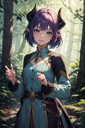 Imagine a female child with short messy vibrant purple hair in a short hair cut. She has small breasts. She has bright green eyes. She has pointed elf ears. She has two short horns on her head. She has an evil smile on her face that shows she's up to no good. She has warm freckles on her face. She wears a modest outfit with a long green trench coat with lots of pockets. She is practicing magic that sparkles around her. The background is a charming forest path in the enchanted woods with bright lighting, creating a magical ambiance. This artwork captures the essence of mischief and magic against the backdrop of a beautiful setting. detailed, detail_eyes, detailed_hair, detailed_scenario, detailed_hands, detailed_background, vox machina style,vox machina style,oil impasto, flat chest.,,niloudef,