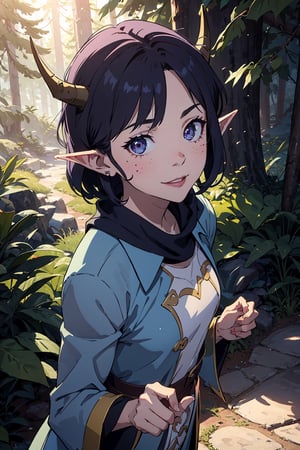 Imagine a female child with short messy vibrant purple hair in a short hair cut. She has small breasts. Her eyes are a bright green, sparkling a hit on magic. She has pointed elf ears. She has two short horns on her head. She has an evil smile on her face that shows she's up to no good. She has warm freckles on her face. She wears a modest outfit with a long green trench coat with lots of pockets. She is practicing magic that sparkles around her. The background is a charming forest path in the enchanted woods with bright lighting, creating a magical ambiance. This artwork captures the essence of mischief and magic against the backdrop of a beautiful setting. detailed, detail_eyes, detailed_hair, detailed_scenario, detailed_hands, detailed_background, vox machina style,vox machina style,Hana1,oha style,paimondef,cuteloli