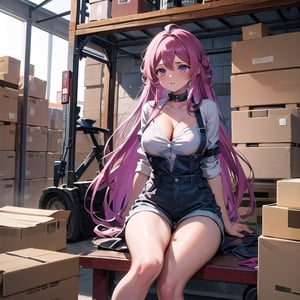 A goth bunny girl with long pink hair tied into a messy bun and supple dark tanned skin wipes the sweat from her brow. Her uniform, a set of overalls shorts and a low necked button up work shirt that shows the cleavage of her large breasts, in perfect condition. Her thighs glisten with sweat and her fluffy rabbit ears remain upright at attention for anyone who may be in danger of being hit by her forklift. She rides a yellow forklift carrying a pallete of large boxes. Her muscular, toned arms glimmer with sweat as she sighs. All in a days work for a working bunny girl. full forklift in view. wearing workboots. athletic build. dark skin. sitting in forklift. operating forklift.,long hair