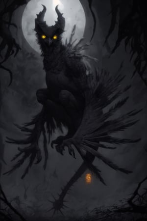 Alquam, the Silent Black, Eyes in the Night, the Dark Hunter, is the demon lord of night and the creatures that prowl it. He has a particular affinity for owls; the stryx and owl harpies are both offshoots of his influence. Any shadow or dark corner at night might carry whispers to his ears. Alquam delights in music, though his favorite songs are said to grate mortal sanity to shreds. His huffed breath reeks of carrion.
Alquam is composed mostly of darkness, with some features of a monstrous owl. He stands over 15 feet tall, and dark gray feathers with lighter speckles and bands cover his body. His head is that of a great owl with back-swept horns and massive, bulbous eyes that gleam yellow. His body is thin and such a deep black that it drinks in light. His feathery wings are long enough to wrap around his whole body.
Alquam's lair is an immense tree in the center of a lightless layer of the Abyss. The tree is an ancient, dead snag with a massige hollow chamber in the rotting trunk.,DarkTheme, abomination, monster, beast, owl, owlmonster, harpy, demon, devil, dark_souls, soulsborn, final_boss, finalboss, boss, boss monster, boss_monster, glowing yellow eyes, detailed eyes, yellow eyes.,anthro