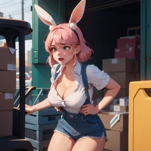 A bunny girl with pink hair and supple tanned skin wipes the sweat from her brow. Her uniform, a set of overalls shorts and a low necked button up work shirt that shows the cleavage of her large breasts, in perfect condition. Her thighs glisten with sweat and her fluffy rabbit ears remain upright at attention for anyone who may be in danger of being hit by her forklift. She rides a yellow forklift carrying a pallete of large boxes. Her toned arms glimmer with sweat as she sighs. All in a days work for a working bunny girl.