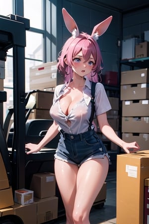 A bunny girl with pink hair and supple dark tanned skin wipes the sweat from her brow. Her uniform, a set of overalls shorts and a low necked button up work shirt that shows the cleavage of her large breasts, in perfect condition. Her thighs glisten with sweat and her fluffy rabbit ears remain upright at attention for anyone who may be in danger of being hit by her forklift. She rides a yellow forklift carrying a pallete of large boxes. Her muscular, toned arms glimmer with sweat as she sighs. All in a days work for a working bunny girl. full forklift in view. wearing workboots. athletic build.