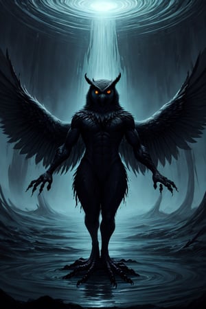Alquam, the Silent Black, Eyes in the Night, the Dark Hunter, is the demon lord of night and the creatures that prowl it. He has a particular affinity for owls; the stryx and owl harpies are both offshoots of his influence. Any shadow or dark corner at night might carry whispers to his ears. Alquam delights in music, though his favorite songs are said to grate mortal sanity to shreds. His huffed breath reeks of carrion.

Alquam is composed mostly of darkness, with some features of a monstrous owl. He stands over 15 feet tall, and dark gray feathers with lighter speckles and bands cover his body. His head is that of a great owl with back-swept horns and massive, bulbous eyes that gleam yellow. His body is thin and such a deep black that it drinks in light. His feathery wings are long enough to wrap around his whole body.

Alquam's lair is an immense tree in the center of a lightless layer of the Abyss. The tree is an ancient, dead snag with a massige hollow chamber in the rotting trunk.,DarkTheme, abomination, monster, beast, owl, owlmonster, harpy, demon, devil, dark_souls, soulsborn, final_boss, finalboss, boss, boss monster, boss_monster.,weapon,bifang,nj5furry,anthro