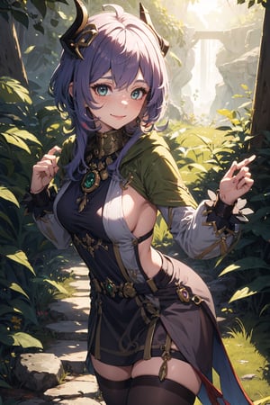 Imagine a female child with short messy vibrant purple hair in a short hair cut. She has small breasts. She has bright green eyes. She has pointed elf ears. She has two short horns on her head. She has an evil smile on her face that shows she's up to no good. She has warm freckles on her face. She wears a long green trench coat. The background is a charming forest path in the enchanted woods with bright lighting, creating a magical ambiance. This artwork captures the essence of mischief and magic against the backdrop of a beautiful setting. detailed, detail_eyes, detailed_hair, detailed_scenario, detailed_hands, detailed_background, vox machina style,vox machina style,oil impasto, flat chest, 