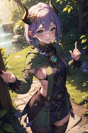 Imagine a female child with short messy vibrant purple hair in a short hair cut. She has small breasts. She has bright green eyes. She has pointed elf ears. She has two short horns on her head. She has an evil smile on her face that shows she's up to no good. She has warm freckles on her face. She wears pants, a full shirt, and a long green trench coat. The background is a charming forest path in the enchanted woods with bright lighting, creating a magical ambiance. This artwork captures the essence of mischief and magic against the backdrop of a beautiful setting. detailed, detail_eyes, detailed_hair, detailed_scenario, detailed_hands, detailed_background, vox machina style,vox machina style,oil impasto, flat chest.,,niloudef