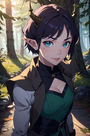 Imagine a female child with short messy vibrant purple hair in a short hair cut. She has small breasts. She has bright green eyes. She has pointed elf ears. She has two short horns on her head. She has an evil smile on her face that shows she's up to no good. She has warm freckles on her face. She wears a modest outfit with a long green trench coat with lots of pockets. She is practicing magic that sparkles around her. The background is a charming forest path in the enchanted woods with bright lighting, creating a magical ambiance. This artwork captures the essence of mischief and magic against the backdrop of a beautiful setting. detailed, detail_eyes, detailed_hair, detailed_scenario, detailed_hands, detailed_background, vox machina style,vox machina style,oil impasto, flat chest.
